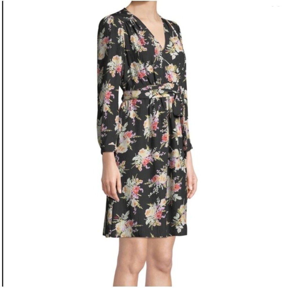 Rebecca Taylor Silk‎ Bouquet Dress Sz 6 Black Floral V-Neck Long Sleeve Luxury